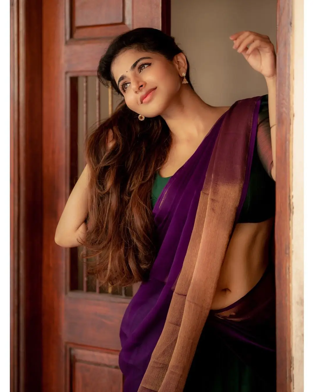 Indian Girl Iswarya Menon In Traditional Violet Saree Green Blouse